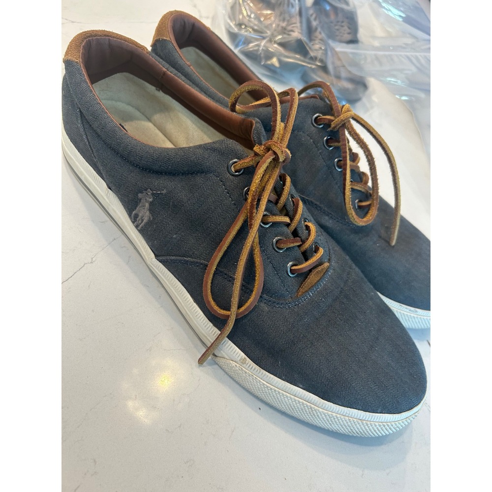 Polo Ralph Lauren Sneakers Grey Herringbone Canvas Suede Trim Low Top Shoes